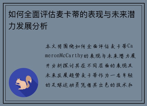 如何全面评估麦卡蒂的表现与未来潜力发展分析